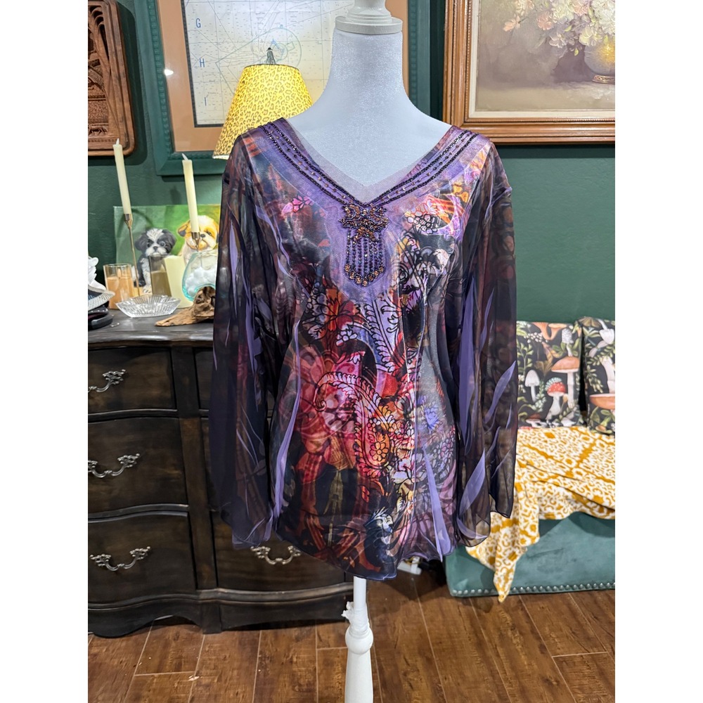 B.L.E.U. Woman Purple Paisley Mesh Beaded V-Neck Tunic Top Plus Size 2X USA